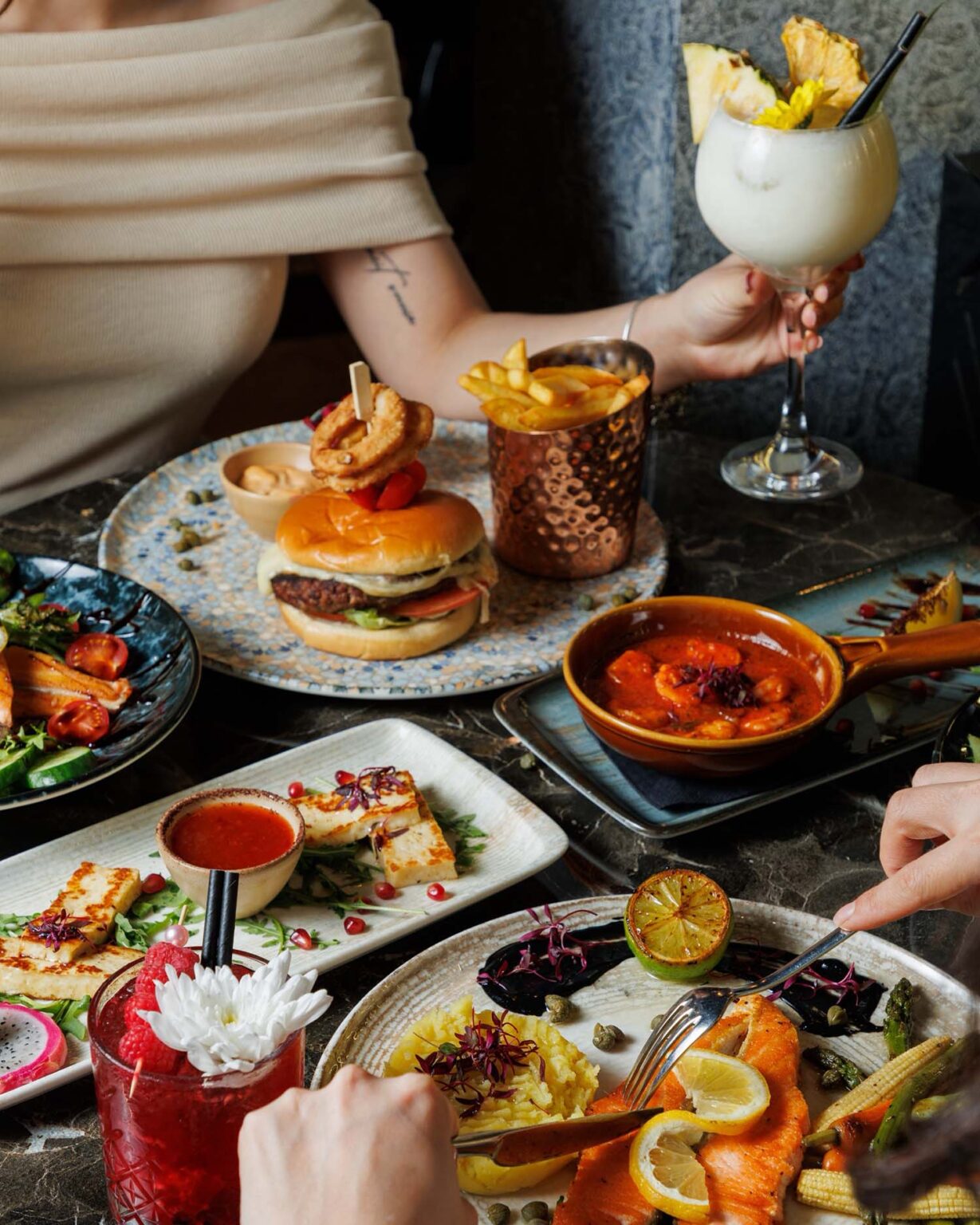 Lunch dishes and cocktails at Laila Kitchen, Cheshunt