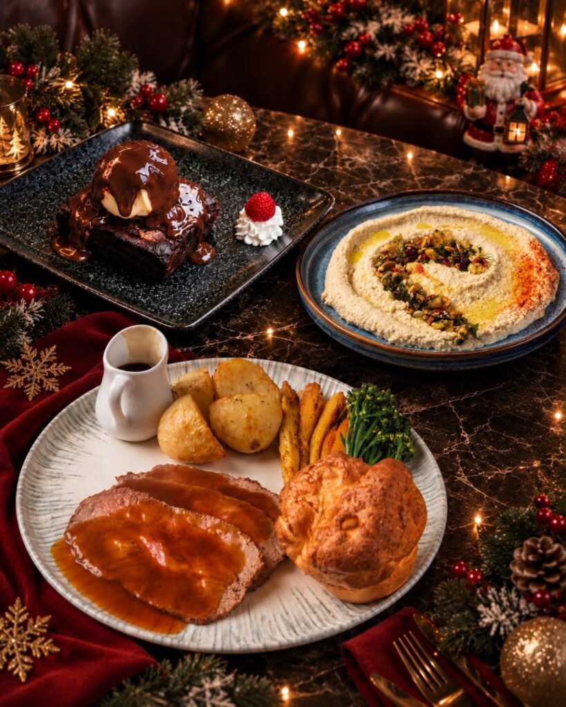 Roast beef with Yorkshire pudding, hummus and a fudge brownie on a Christmas table at Laila Kitchen, Cheshunt